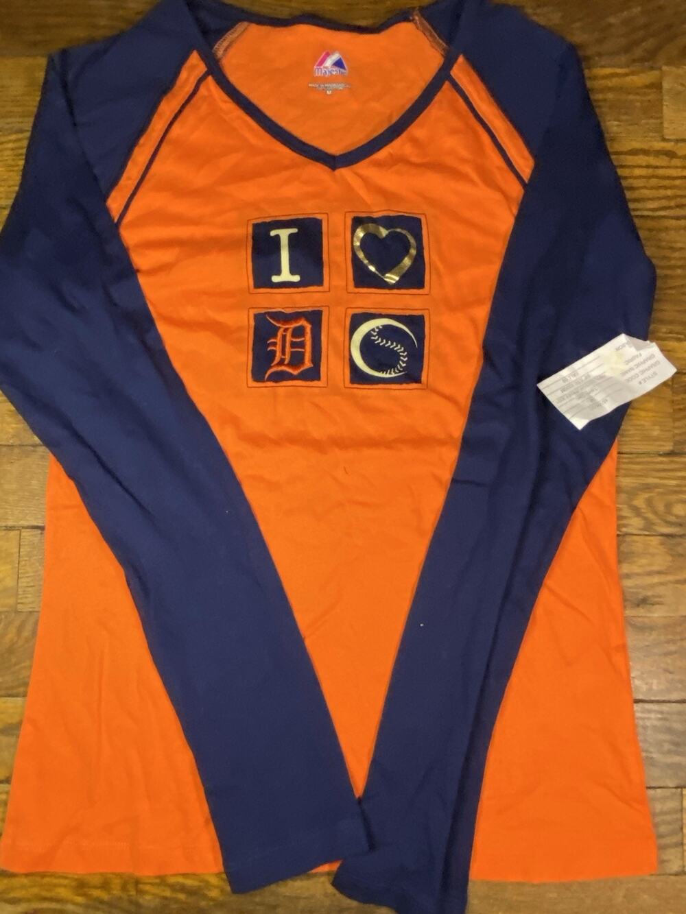 Detroit Tigers Majestic Womens Medium Long Sleeve Shirt Orange Navy MLB NWT